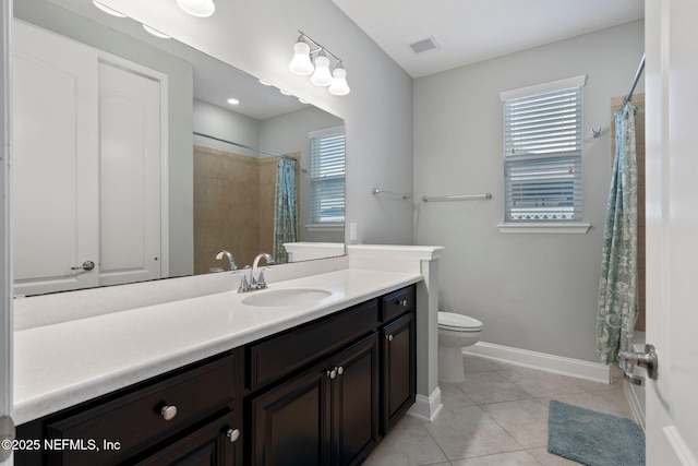 bathroom with tile patterned floors, visible vents, toilet, baseboards, and vanity