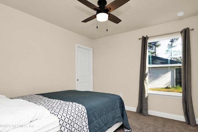 bedroom with multiple windows, carpet, baseboards, and ceiling fan