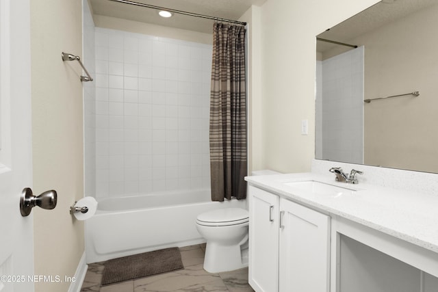 full bath with vanity, shower / bath combo with shower curtain, toilet, and marble finish floor