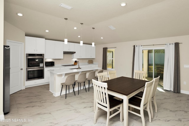 dining room with recessed lighting, visible vents, baseboards, and marble finish floor