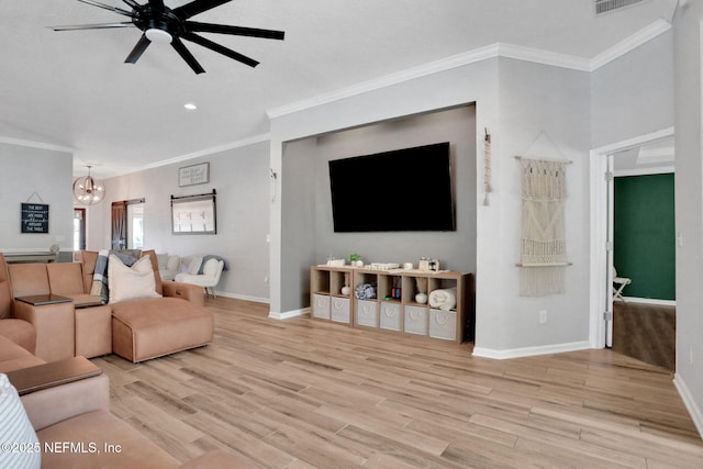 living area featuring baseboards, light wood finished floors, recessed lighting, crown molding, and ceiling fan with notable chandelier