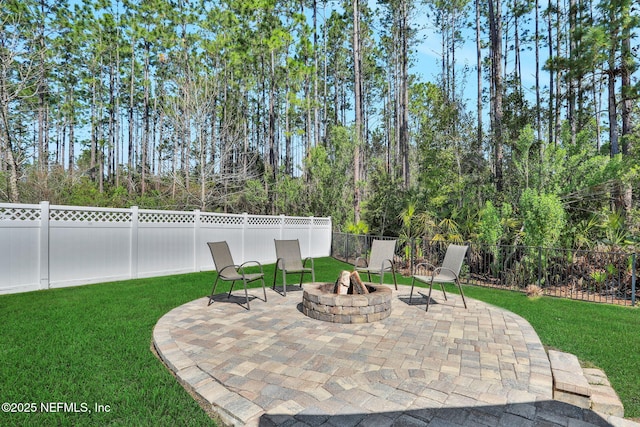 view of patio / terrace featuring a fenced backyard and an outdoor fire pit