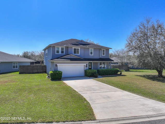 traditional-style home with stucco siding, an attached garage, concrete driveway, and fence