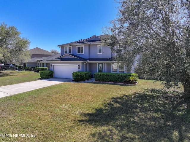 traditional home with a garage, driveway, a front lawn, and stucco siding