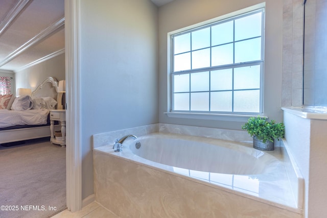 full bath featuring tile patterned flooring, ensuite bath, and a garden tub