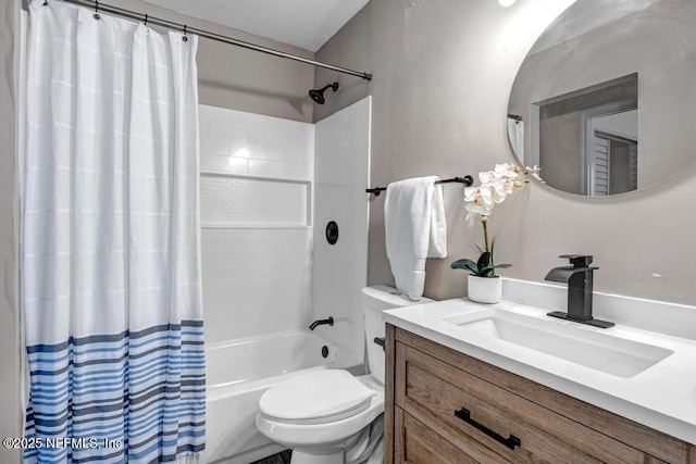 bathroom featuring toilet, shower / bath combo, and vanity