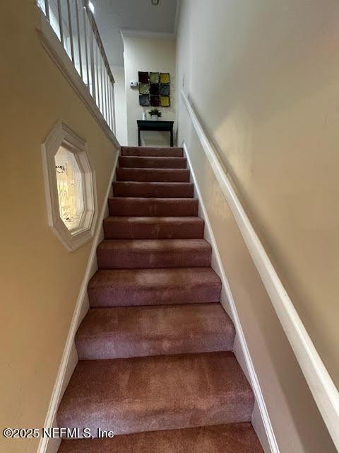 stairs featuring baseboards and carpet