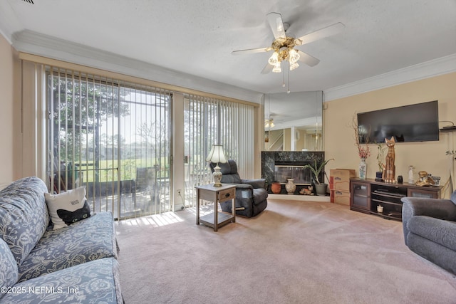 carpeted living room with a fireplace, ornamental molding, and a ceiling fan