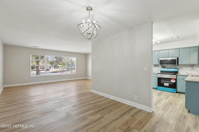 unfurnished living room with a chandelier, visible vents, light wood-style flooring, and baseboards