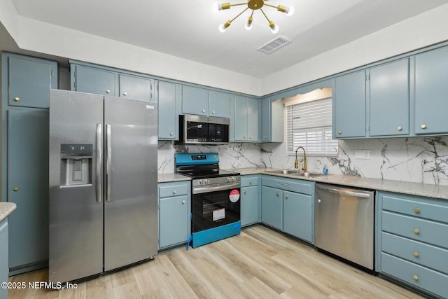 kitchen featuring visible vents, a sink, blue cabinetry, light wood-style floors, and appliances with stainless steel finishes