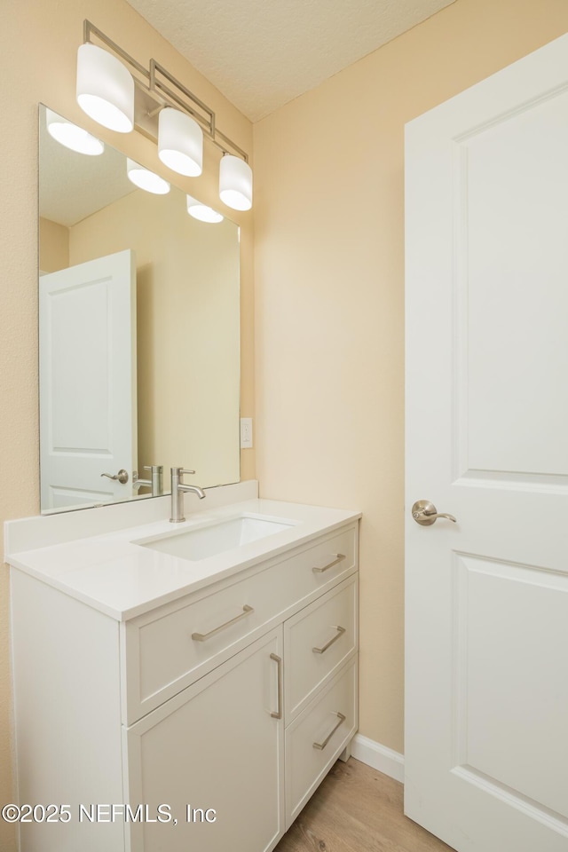 bathroom with wood finished floors and vanity