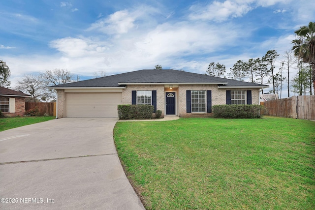 ranch-style house with brick siding, an attached garage, a front lawn, fence, and driveway