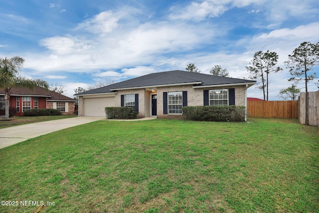 single story home featuring a front lawn, driveway, fence, an attached garage, and brick siding