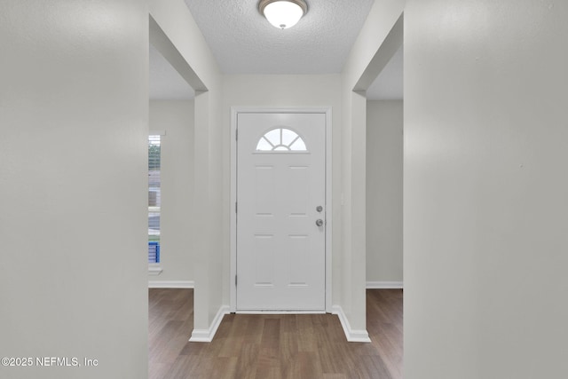 foyer featuring wood finished floors, baseboards, and a textured ceiling