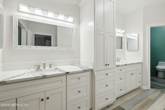 full bathroom featuring wood finished floors, toilet, two vanities, and a sink