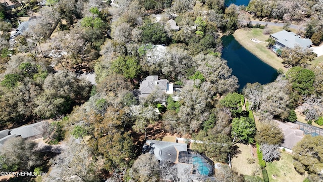 bird's eye view with a water view