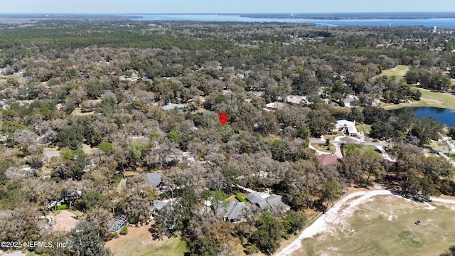 bird's eye view featuring a water view and a wooded view