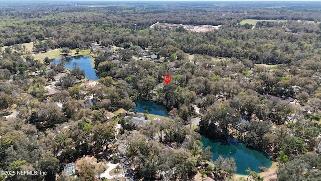 drone / aerial view featuring a water view and a view of trees