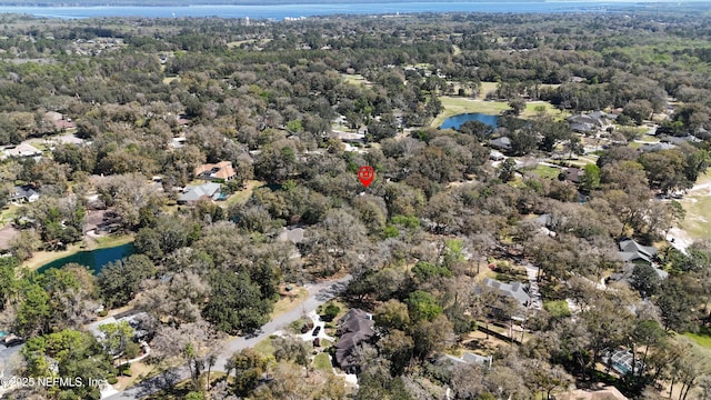 drone / aerial view featuring a view of trees and a water view