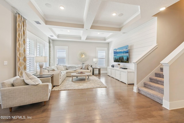 83 Village Grande Dr, Ponte Vedra, FL 32081 - living area with beam ceiling, coffered ceiling, wood finished floors, stairway, and baseboards