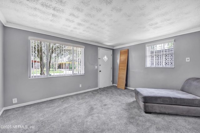 living area with baseboards, plenty of natural light, a textured ceiling, and carpet flooring