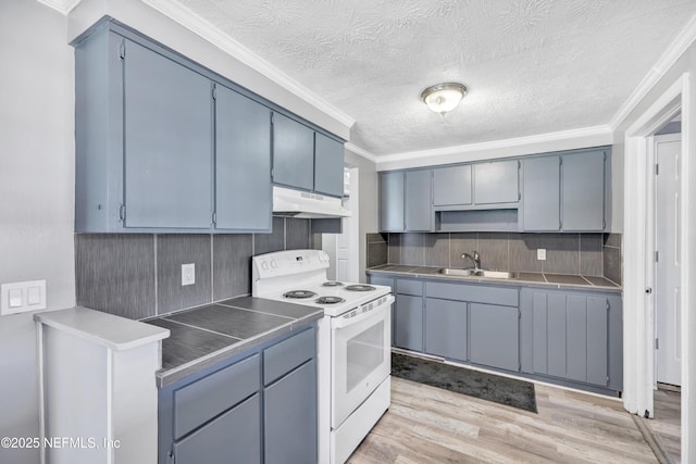 kitchen featuring crown molding, under cabinet range hood, light wood-style floors, white electric range, and a sink