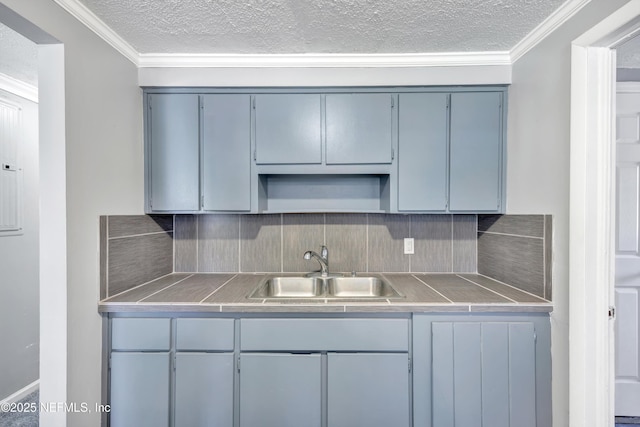 kitchen with tasteful backsplash, ornamental molding, open shelves, and a sink