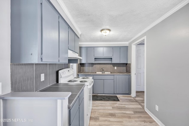 kitchen featuring white range with electric cooktop, gray cabinets, under cabinet range hood, and a sink