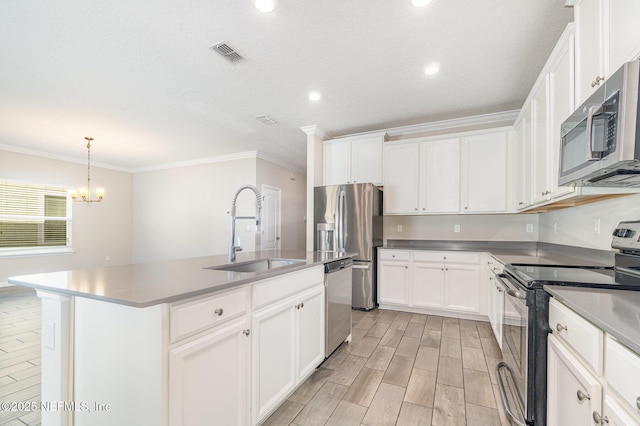 kitchen featuring visible vents, a kitchen island with sink, a sink, stainless steel appliances, and wood tiled floor