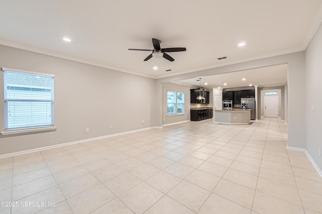 unfurnished living room featuring a ceiling fan, ornamental molding, recessed lighting, baseboards, and light tile patterned floors