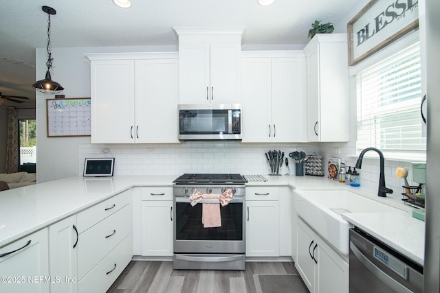 kitchen with white cabinetry, a healthy amount of sunlight, appliances with stainless steel finishes, and ceiling fan