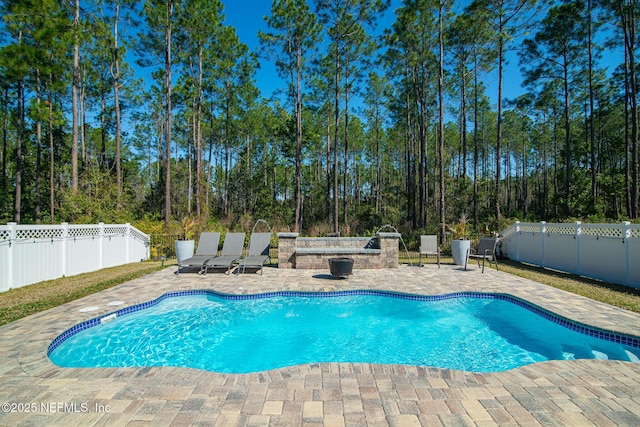 view of swimming pool featuring a fenced backyard, a fenced in pool, and a patio