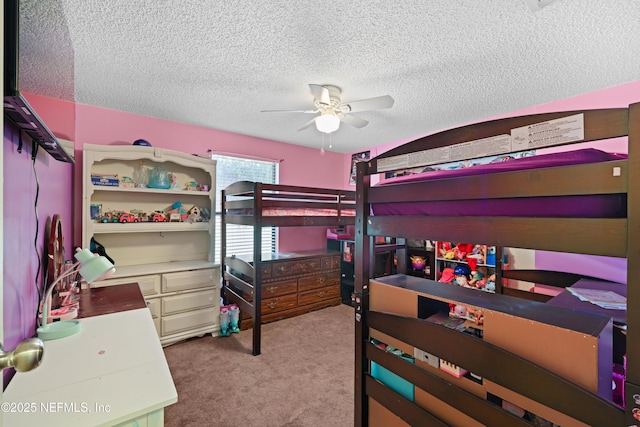 bedroom with light carpet, a textured ceiling, and ceiling fan