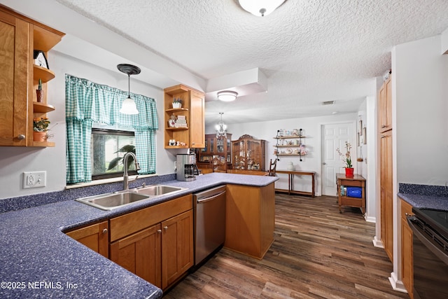 kitchen with dark wood-style floors, open shelves, a sink, stainless steel dishwasher, and black electric range oven