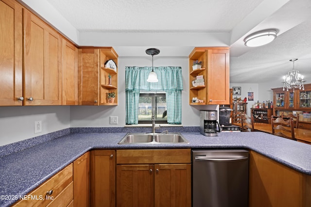 kitchen featuring open shelves, stainless steel dishwasher, dark countertops, and a sink