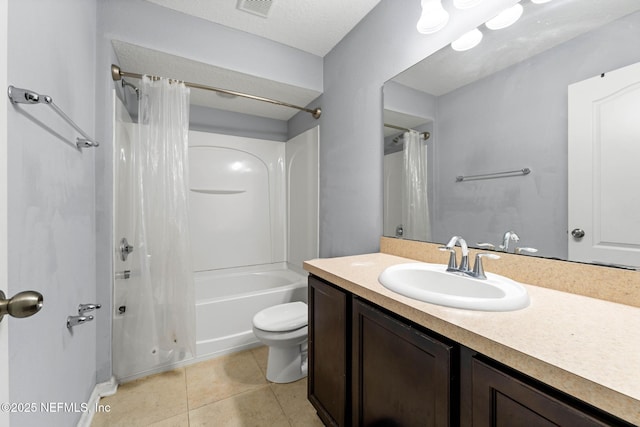 bathroom featuring vanity, shower / bathtub combination with curtain, visible vents, tile patterned flooring, and toilet