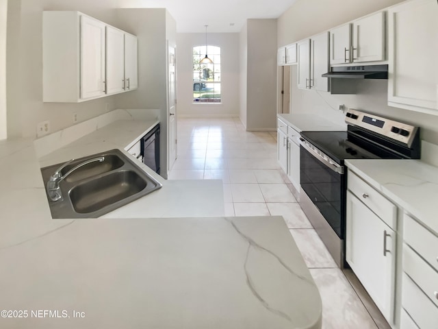 kitchen featuring dishwashing machine, light tile patterned floors, stainless steel electric stove, a sink, and under cabinet range hood