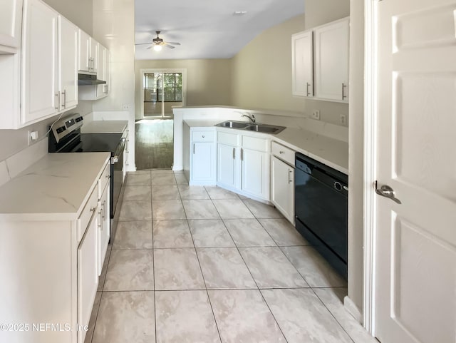 kitchen featuring a peninsula, electric range, a sink, black dishwasher, and under cabinet range hood