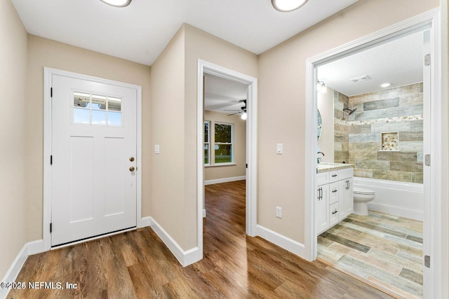 entryway featuring plenty of natural light, baseboards, and wood finished floors