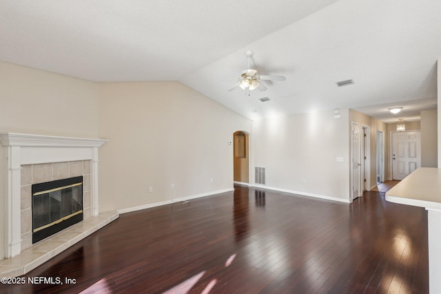 2721 Ridge Haven Dr, Green Cove Springs, FL 32043 - unfurnished living room featuring visible vents, hardwood / wood-style flooring, a fireplace, and ceiling fan