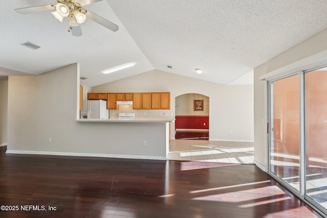 2721 Ridge Haven Dr, Green Cove Springs, FL 32043 - unfurnished living room featuring visible vents, light wood-style flooring, ceiling fan, arched walkways, and vaulted ceiling