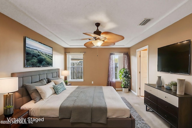 2721 Ridge Haven Dr, Green Cove Springs, FL 32043 - bedroom with light carpet, baseboards, ceiling fan, and visible vents