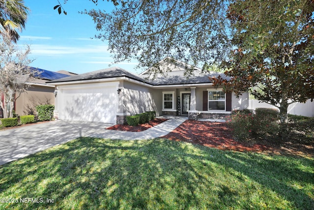 ranch-style home with stucco siding, driveway, a front lawn, and a garage