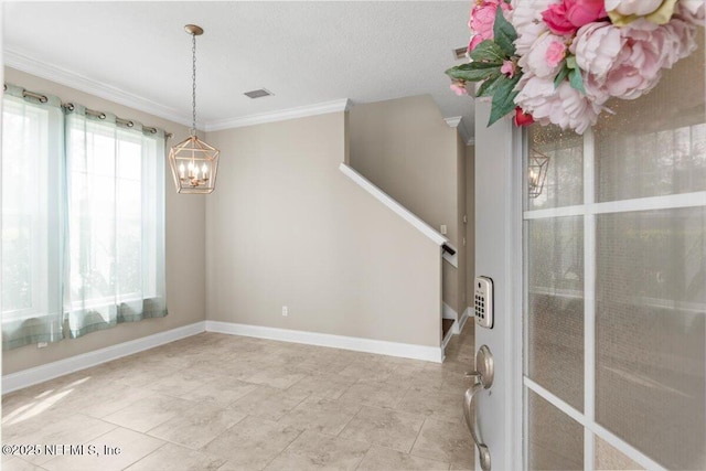 empty room featuring stairway, baseboards, visible vents, ornamental molding, and a notable chandelier