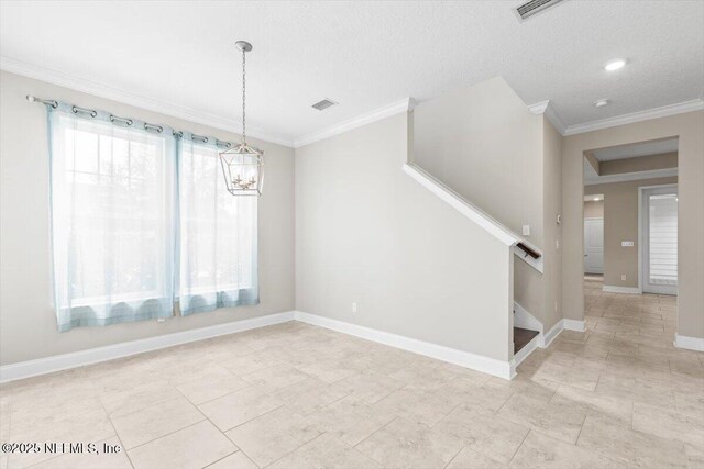 unfurnished dining area featuring crown molding, stairway, baseboards, and visible vents