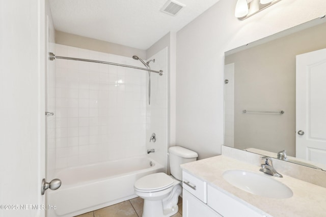 full bath featuring tile patterned flooring, visible vents, toilet, shower / bathtub combination, and vanity