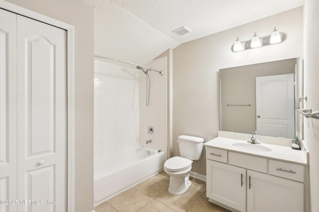 bathroom featuring tile patterned floors, visible vents, toilet, a textured ceiling, and vanity