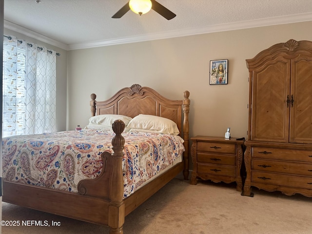 bedroom with light carpet, multiple windows, and crown molding