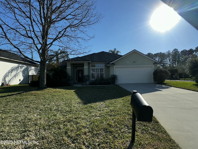 ranch-style home featuring stucco siding, a front yard, concrete driveway, and an attached garage