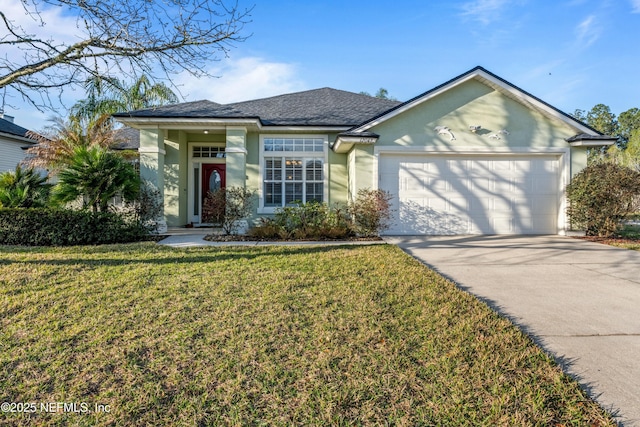 single story home featuring a garage, a front lawn, driveway, and stucco siding